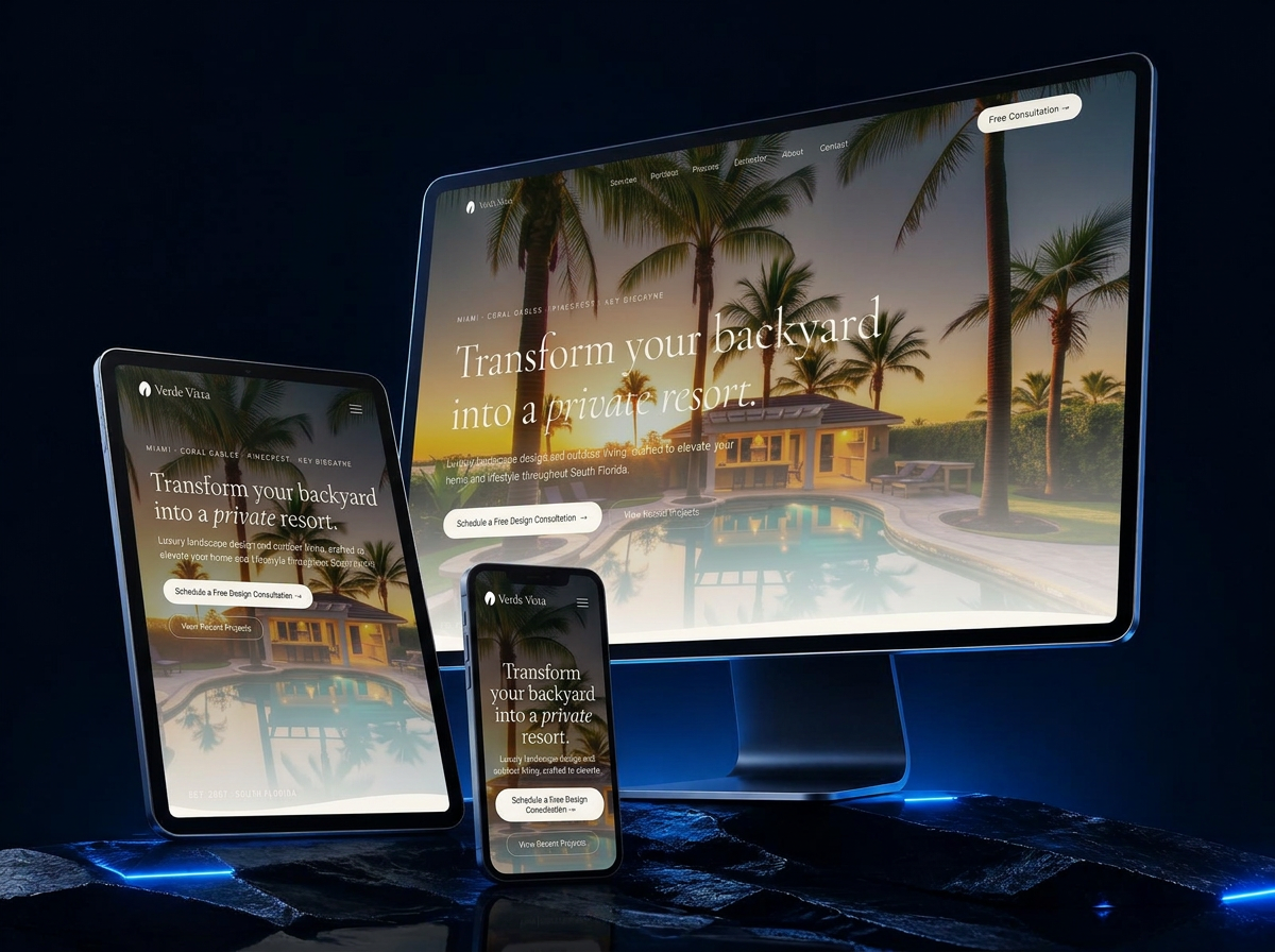 Custom websites shown across desktop, tablet, and mobile devices